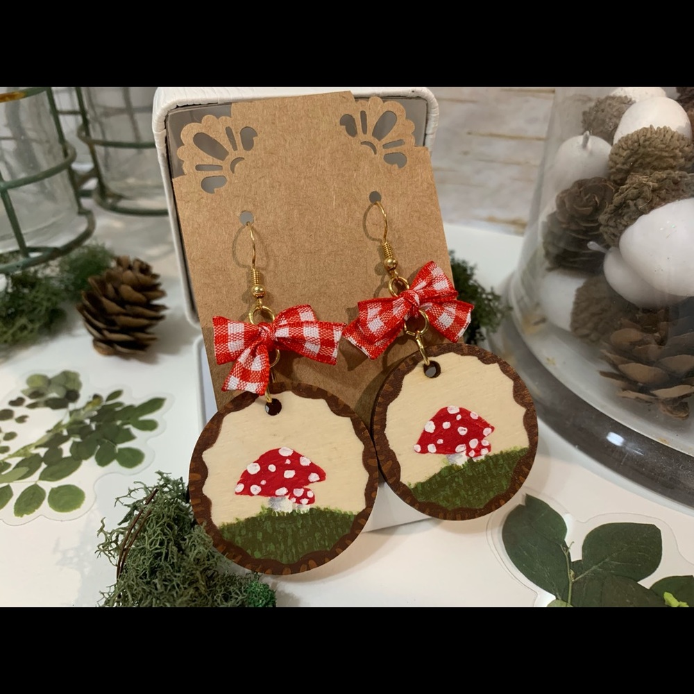 Hand painted red toadstool mushroom wooden earrings